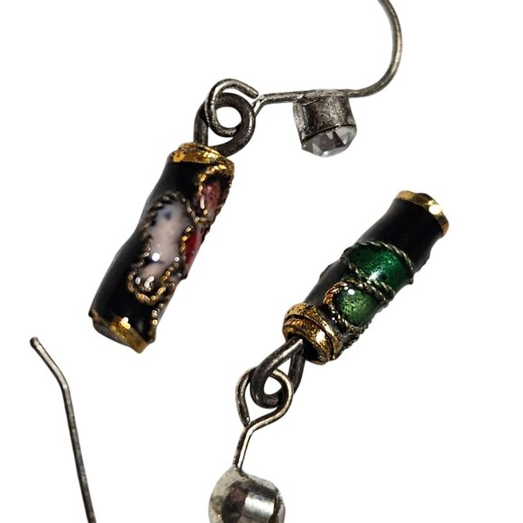 Elegant Vintage Green Cloisonné Dangle Earrings Rhinestone Accents Jewelry Women - Picture 2 of 3